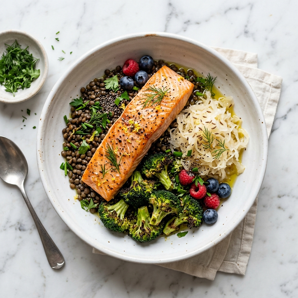 Overhead view of a complete GLP-1 meal bowl: grilled salmon over lentils, roasted broccoli, sauerkraut, chia seeds, and berries on white ceramic bowl