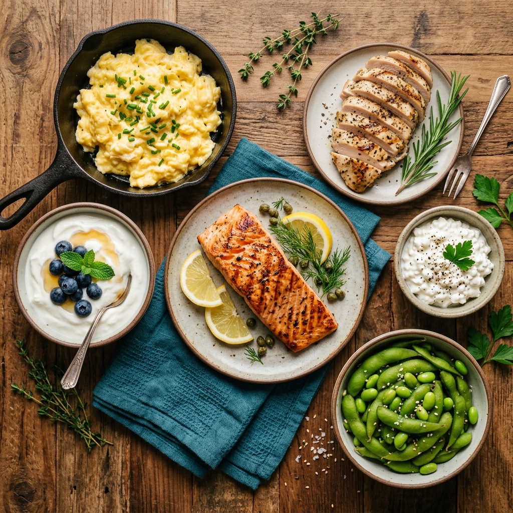 Overhead flat-lay of high-protein foods: scrambled eggs, Greek yogurt, grilled salmon, cottage cheese, edamame, and sliced chicken breast on warm wood surface