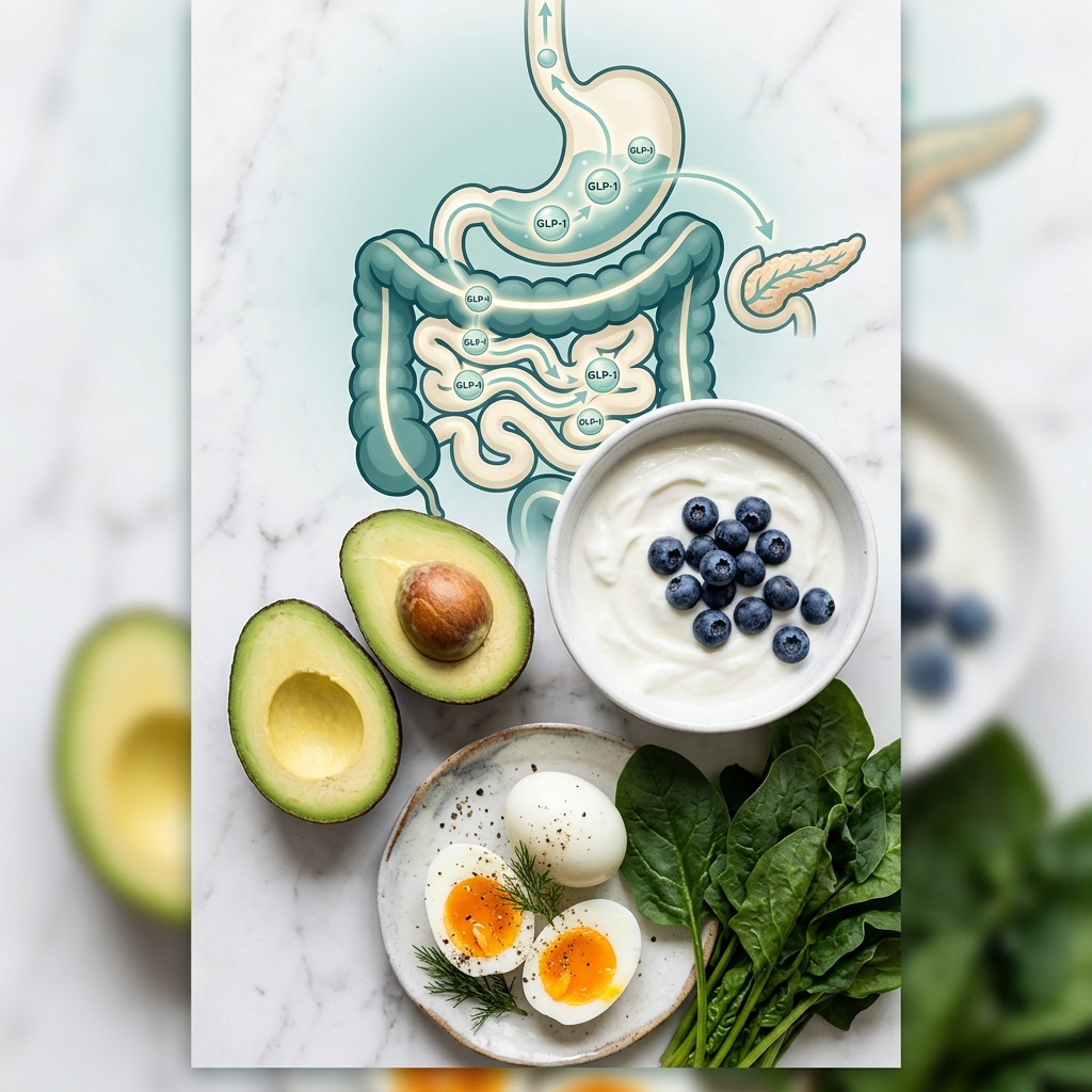 Assortment of whole foods including avocado, Greek yogurt, blueberries, eggs, and spinach on white marble representing natural GLP-1 hormone food support