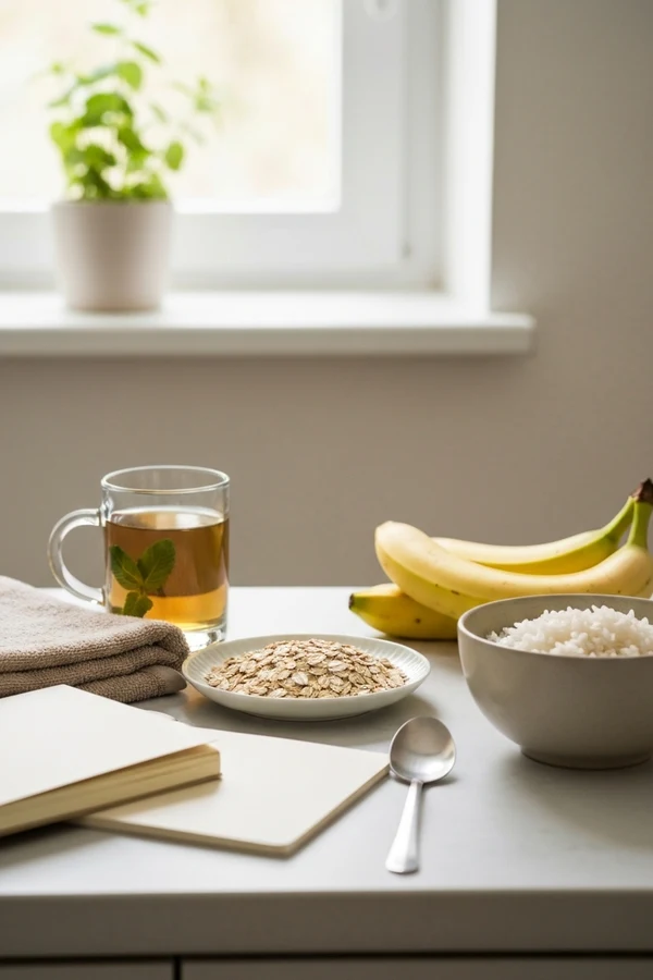 How to reduce gut inflammation quickly visual of bloating-safe foods and simple gut calm staples