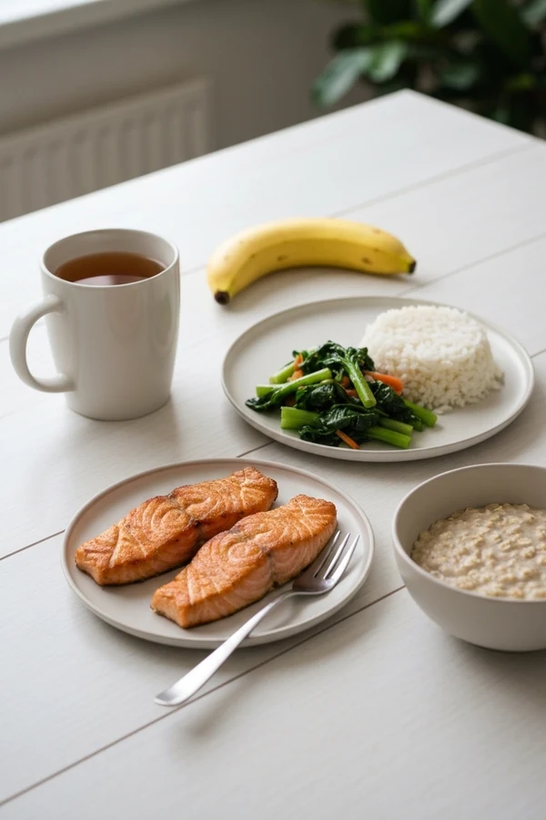 How to reduce gut inflammation quickly summary meal with salmon rice greens tea and oats