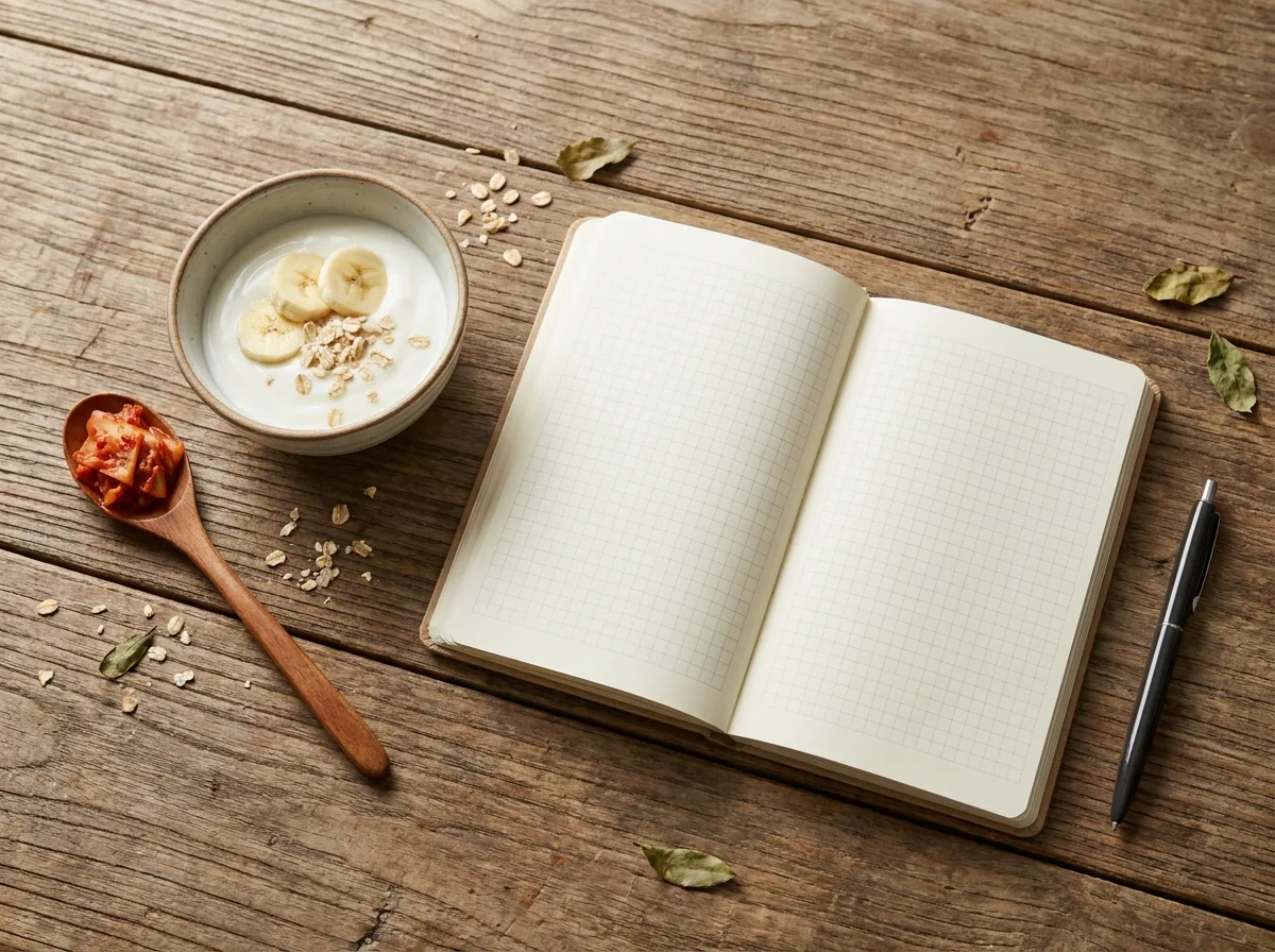 How to start probiotic foods with a simple food journal, yogurt, banana, oats, and kimchi