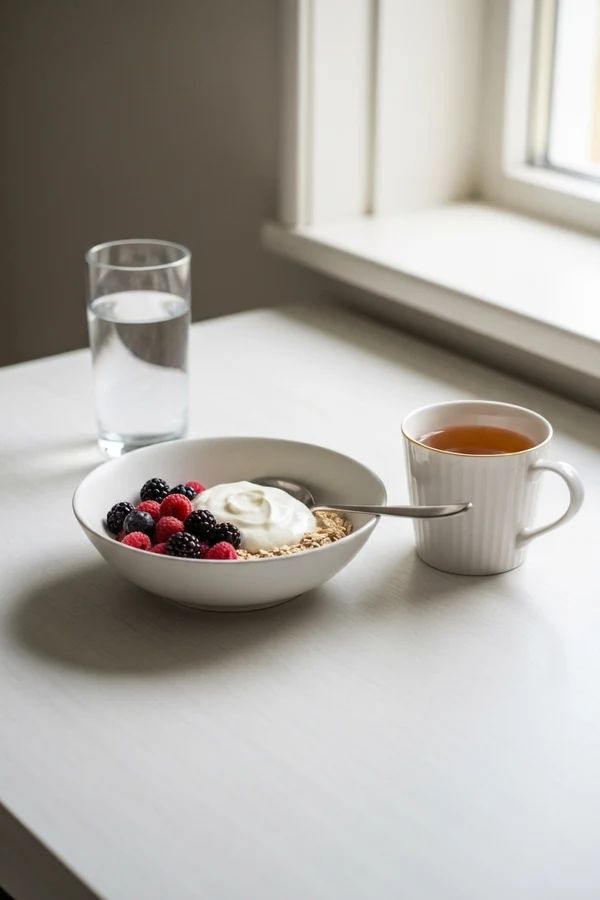 Improve gut health concept with simple breakfast foods and a calm kitchen table