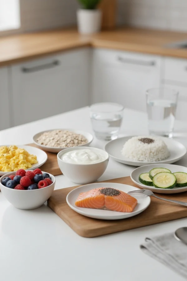 Improve gut health with balanced meals including protein oats berries and cooked vegetables