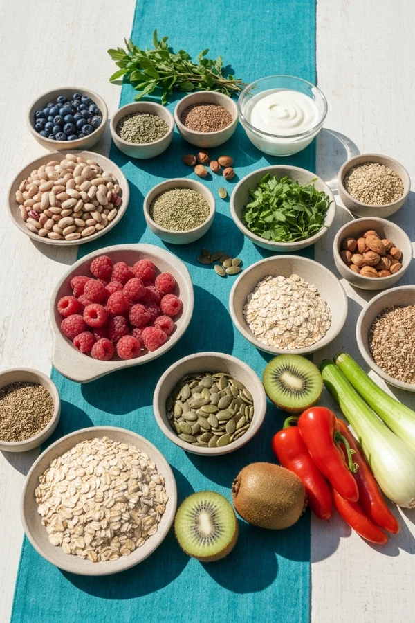 Improve gut health with varied plant foods beans berries seeds herbs and yogurt