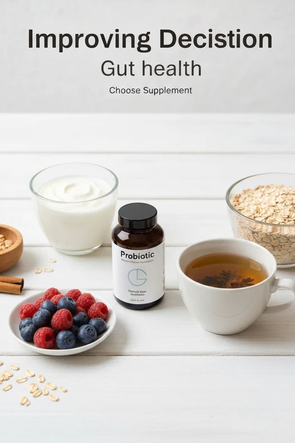 Improve gut health supplement decision with probiotic bottle and simple foods