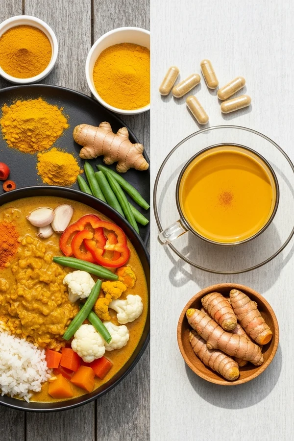 Turmeric used in food versus supplements with curry ingredients tea and capsule forms