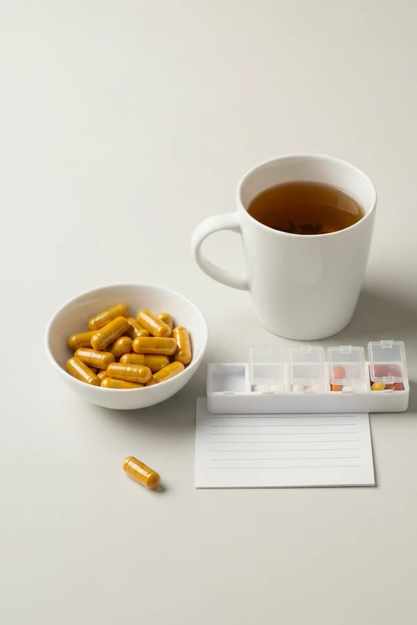 Turmeric supplement caution visual with capsules pill organizer tea and medical-style notes