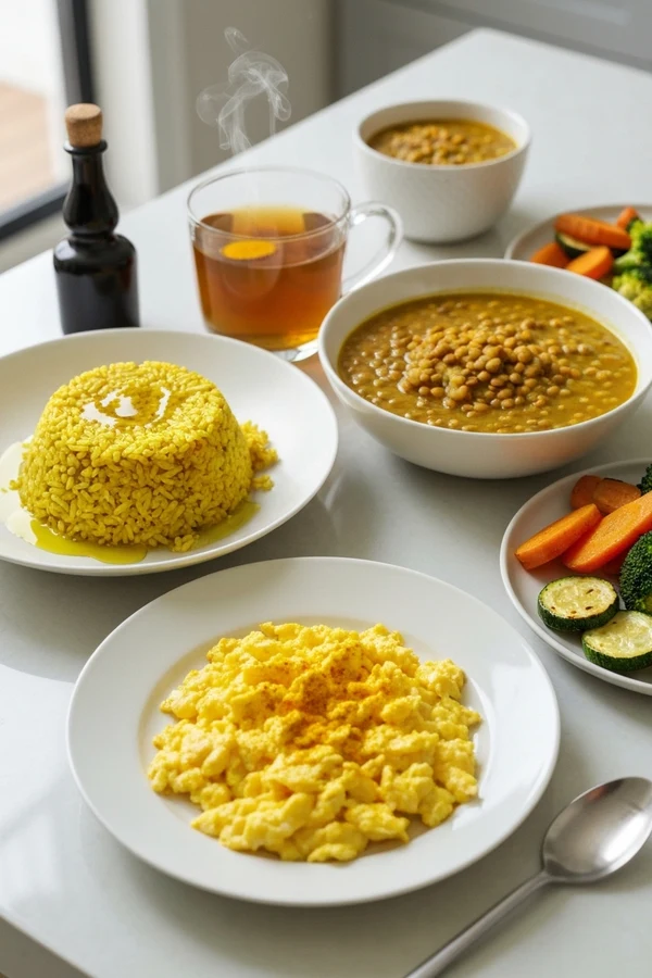 Practical ways to use turmeric in meals with soup rice eggs and roasted vegetables