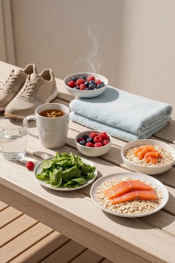 Anti-inflammatory routine visual with sleep tea whole foods and simple movement cues