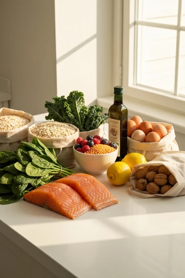 List of foods for anti inflammatory diet grocery staples arranged as a whole-food shopping haul