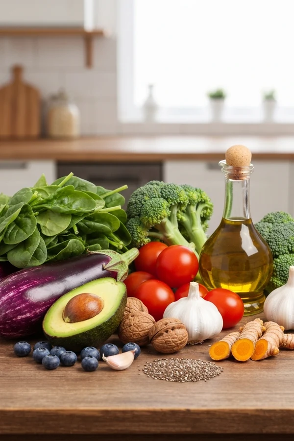 List of foods for anti inflammatory diet produce, healthy fats, and flavor boosters on a bright table