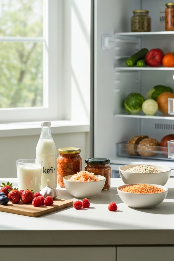 List of foods for anti inflammatory diet gut-support staples with yogurt, kefir, kimchi, oats, and berries