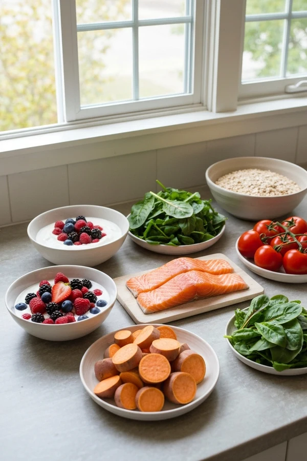 List of foods for anti inflammatory diet meal prep with yogurt, salmon, oats, vegetables, and berries