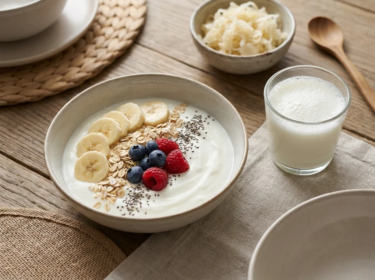 Probiotic and prebiotic foods with yogurt, banana, oats, berries, chia seeds, and kefir