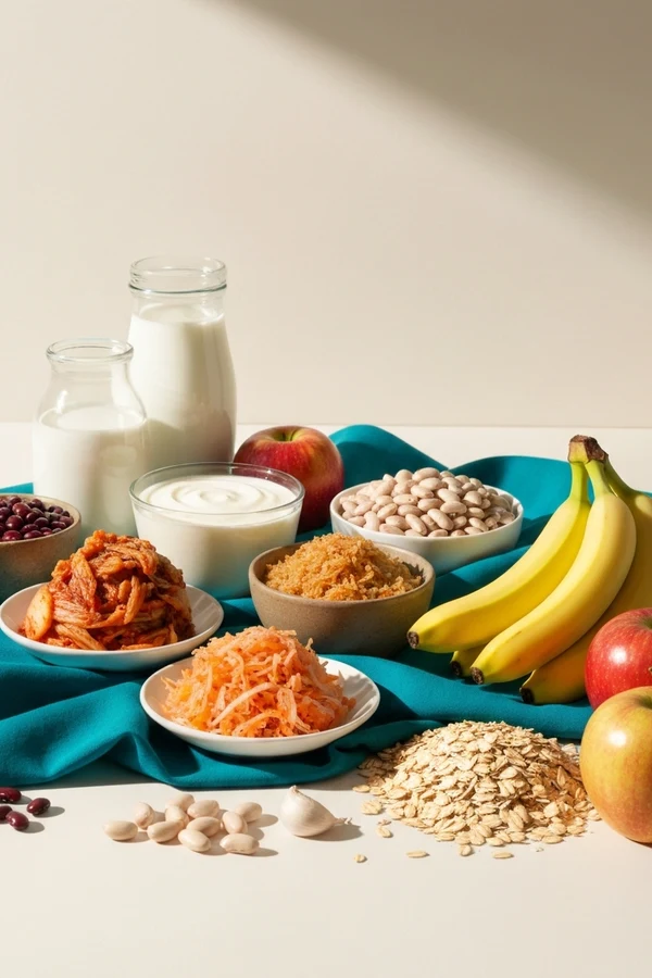 Probiotic vs prebiotic comparison table concept with fermented foods and fiber-rich foods side by side