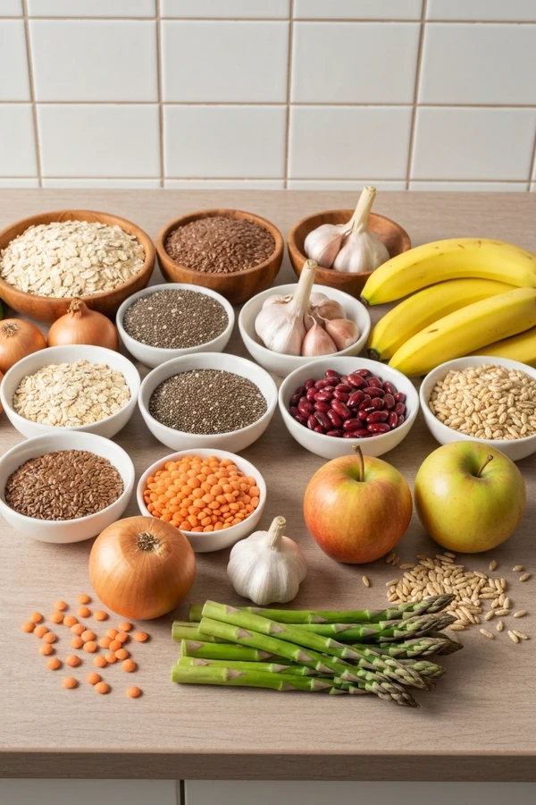 Prebiotic foods for probiotic vs prebiotic article with oats chia garlic onions beans and fruit