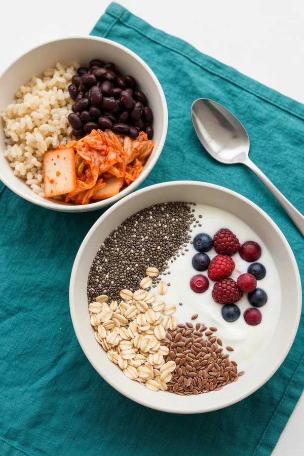 Synbiotic meal idea for probiotic vs prebiotic article with yogurt oats berries chia and kimchi bowl