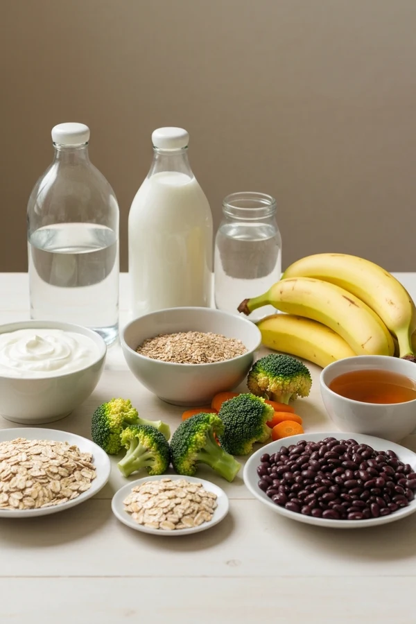 Bloating and constipation support foods for probiotic vs prebiotic article with yogurt oats water and cooked vegetables