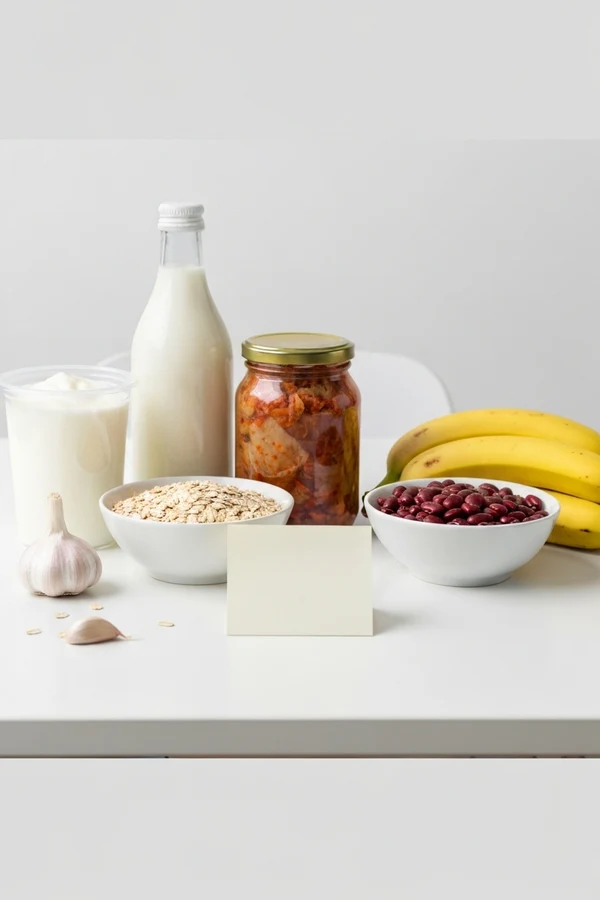 FAQ visual for probiotic vs prebiotic article with yogurt kimchi oats beans and note card