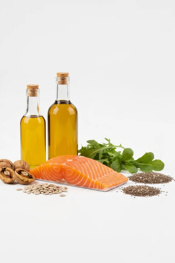 Seed oils and inflammation ingredients with oil bottles, salmon, walnuts, and seeds on a bright counter