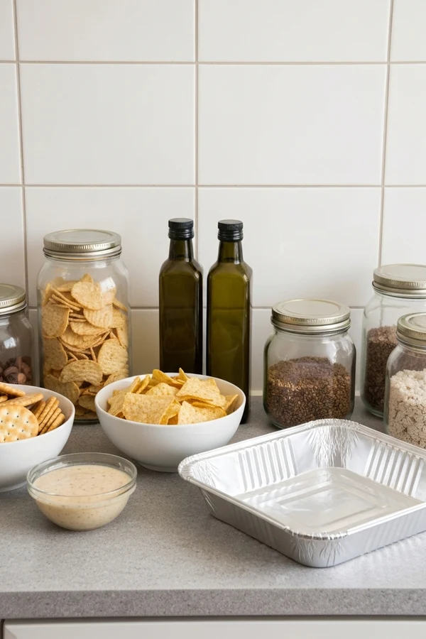 Seed oils and inflammation pantry audit with chips, dressings, crackers, oils, and a blank notebook