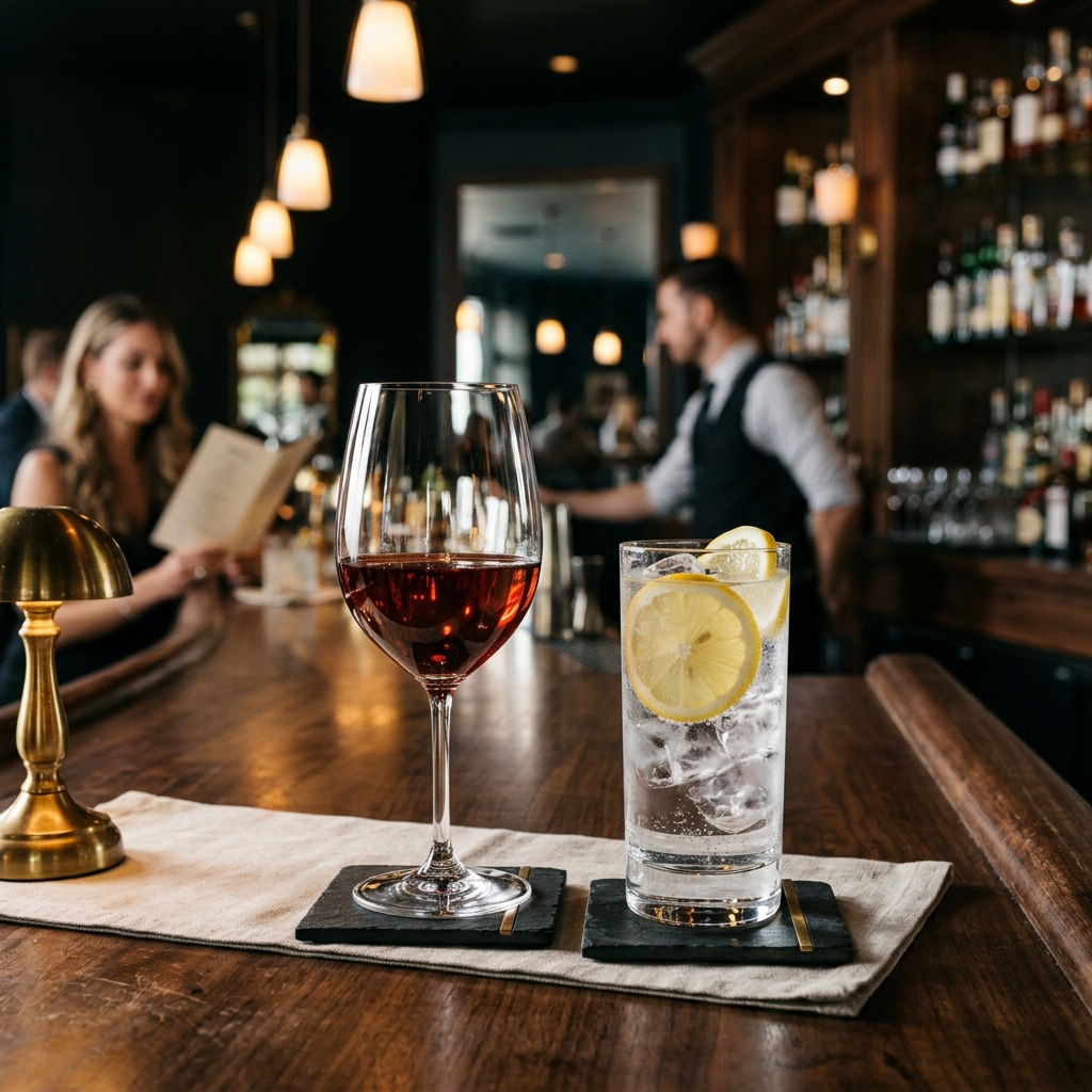 A crystal clear glass of ice water next to an alcoholic drink at a sophisticated bar.