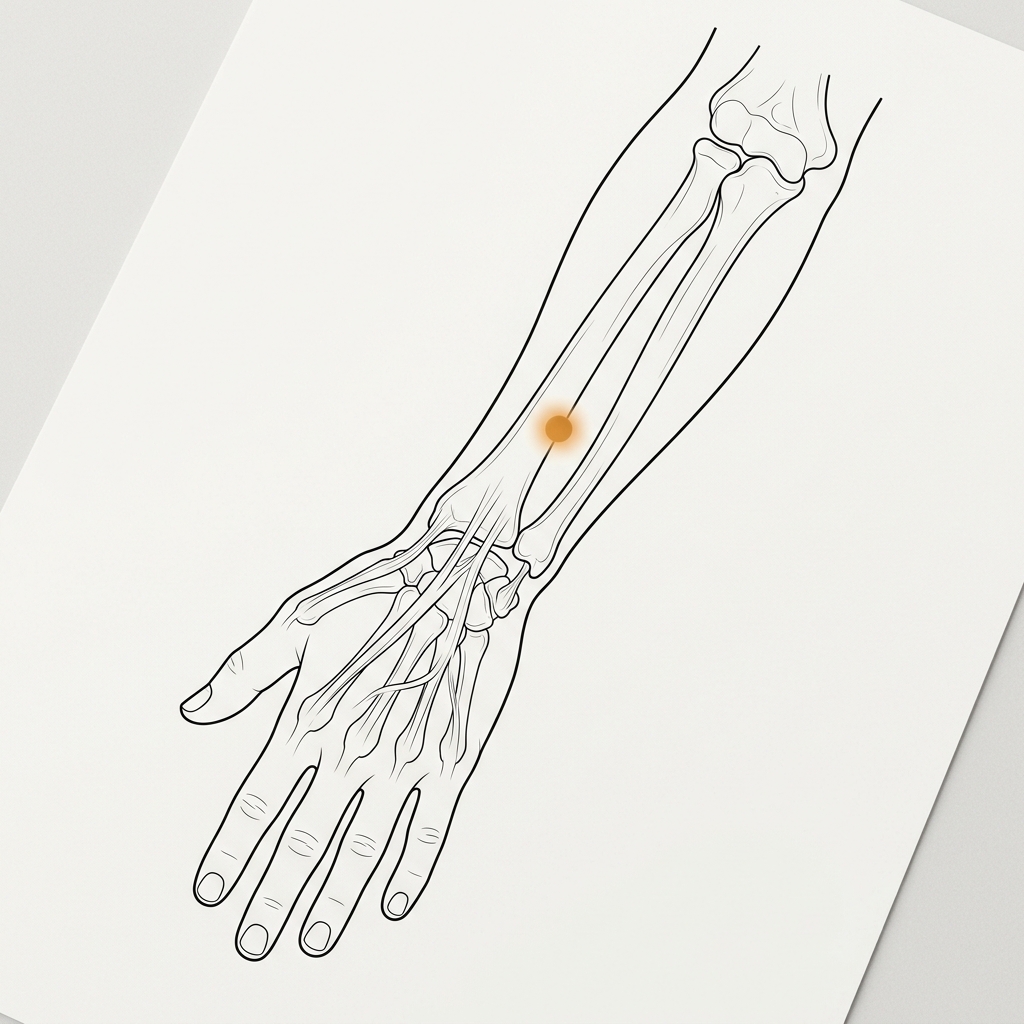 A medical illustration showing the SJ6 acupressure point on the forearm, three finger-widths above the wrist crease.