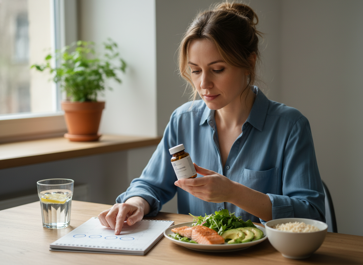 A structured recovery setup with supplement, calendar, and meal to illustrate vitamin B12 recovery planning