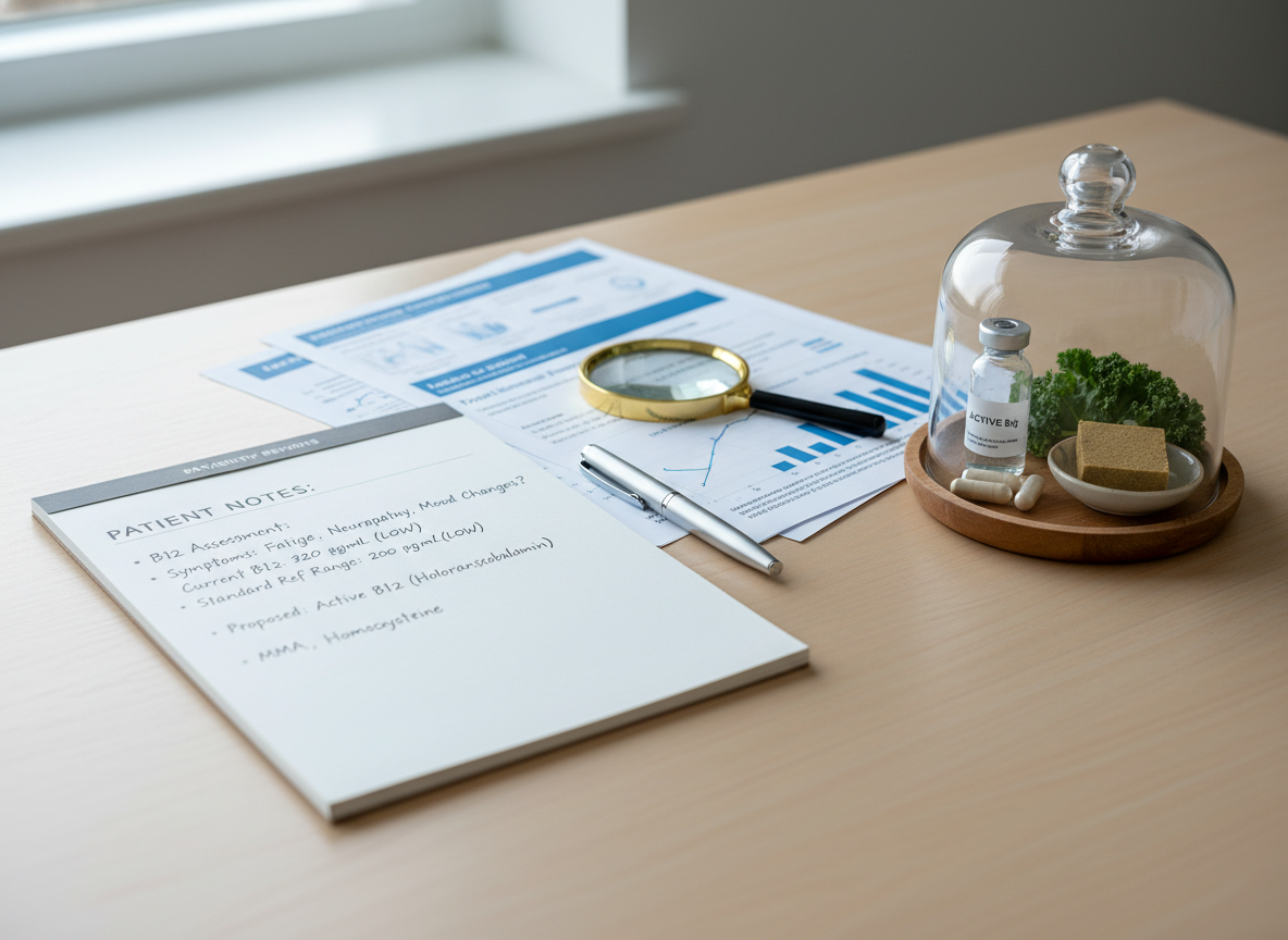 Lab paperwork and a clean desk setup to illustrate testing decisions in vitamin B12 deficiency