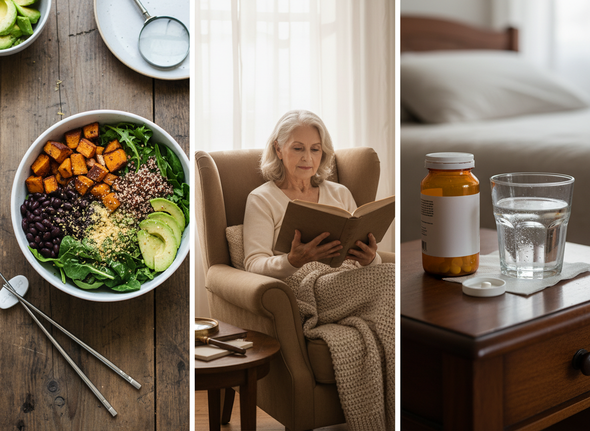 Visual cues for vegan diet, aging, and medication use to illustrate three common vitamin B12 deficiency pathways