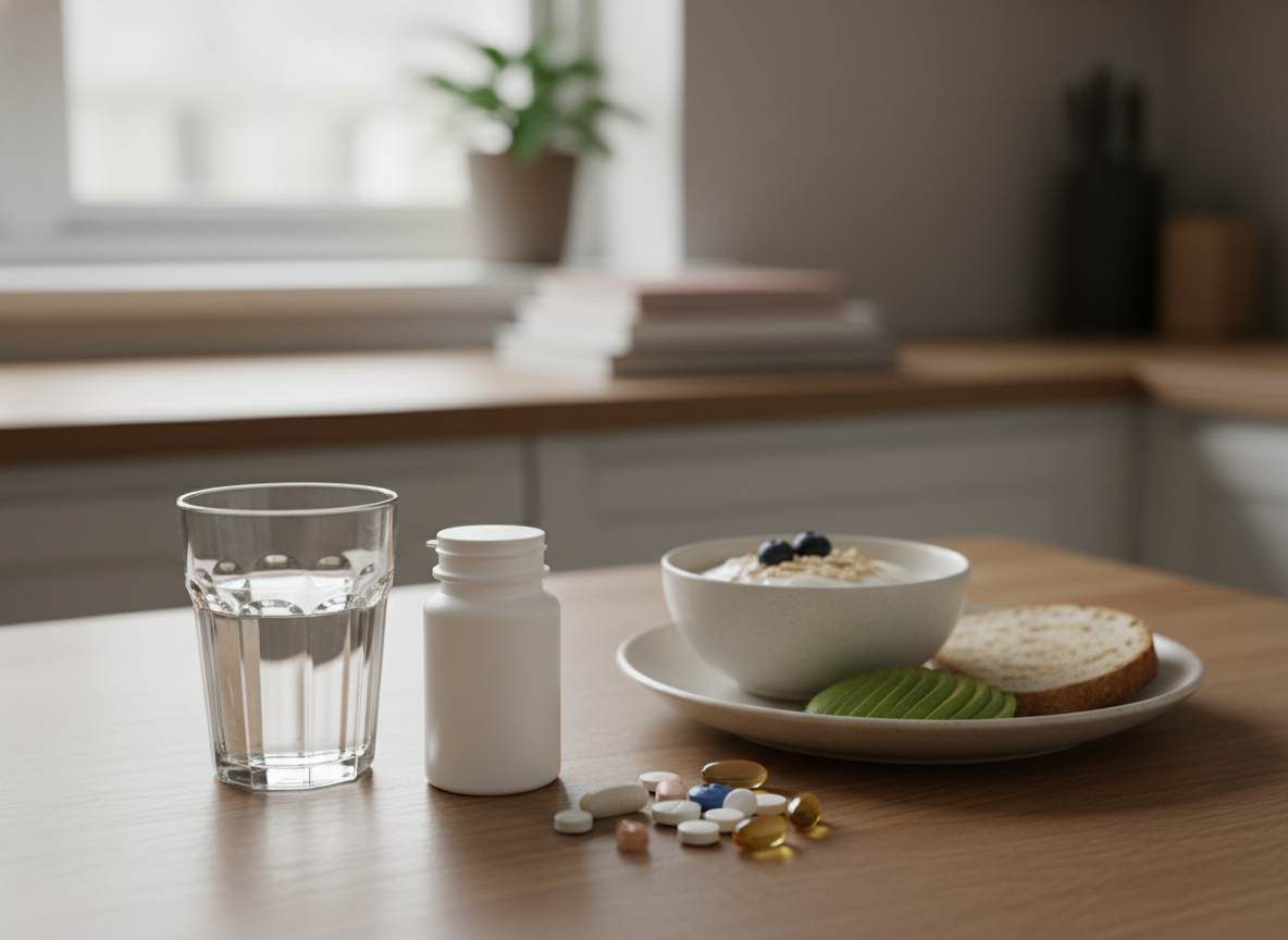 A medication bottle beside a calm daily routine setup to illustrate drug-related B12 deficiency risk
