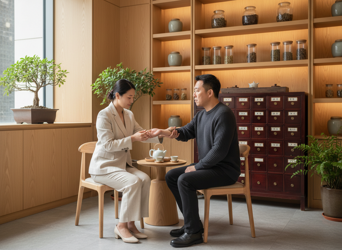 A calm traditional medicine consultation scene to illustrate the TCM perspective in the B12 article