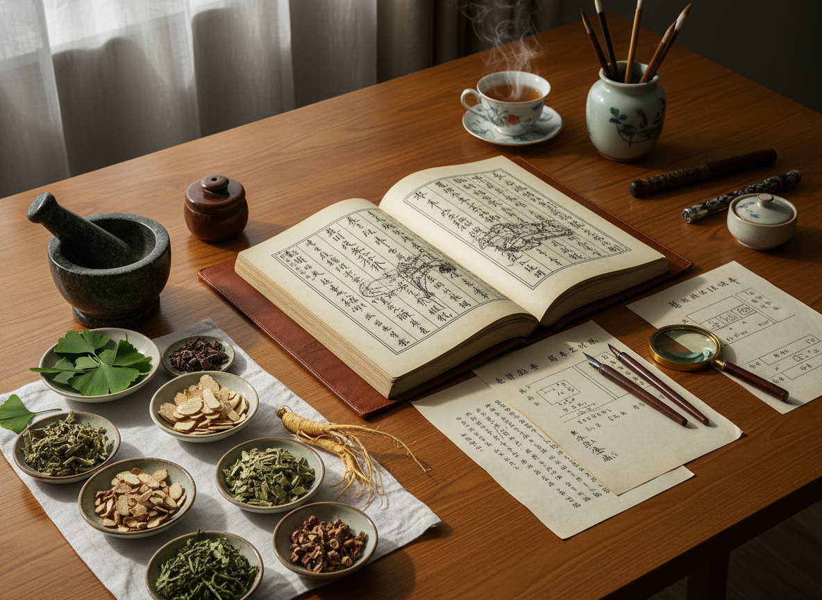 Classical herbs, notes, and a calm study table to illustrate the traditional medicine framework around blood and depletion