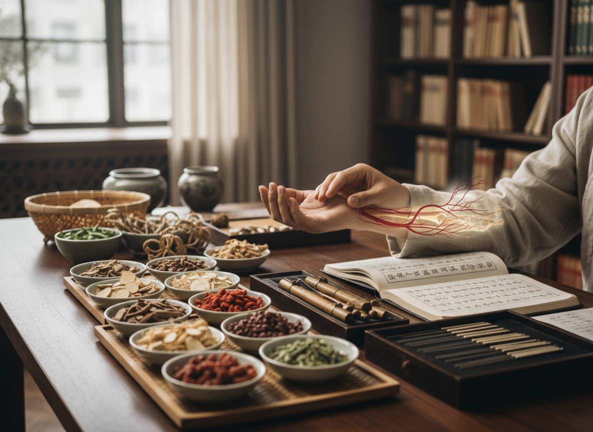 A traditional medicine setting with herbs and classical materials to illustrate the TCM lens of marrow and blood
