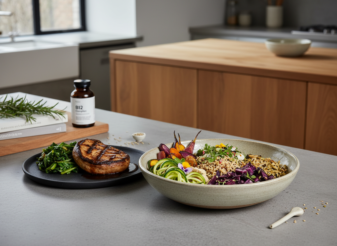 A minimalist plant-based meal with a discreet B12 cue to illustrate the vegan pathway into deficiency
