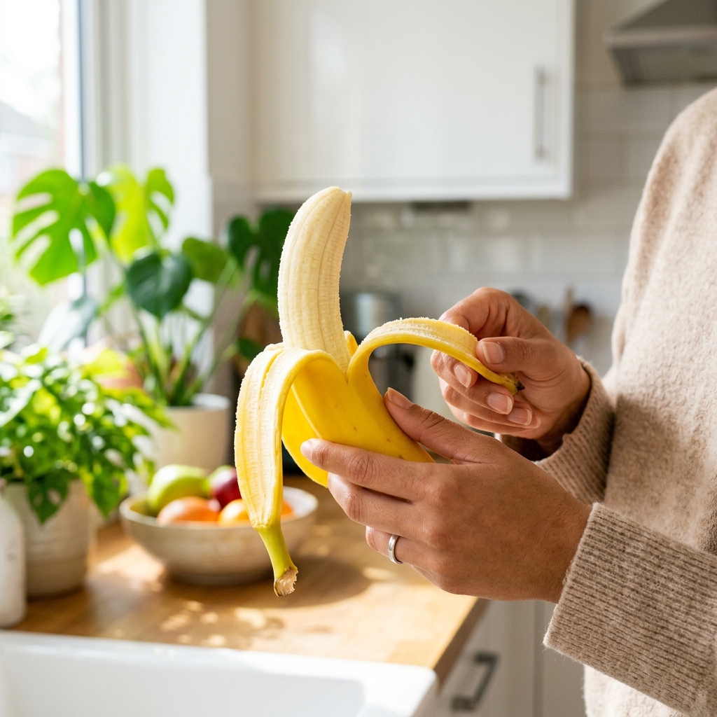 Close up of hands peeling a perfect banana in a bright, sunlit kitchen.
