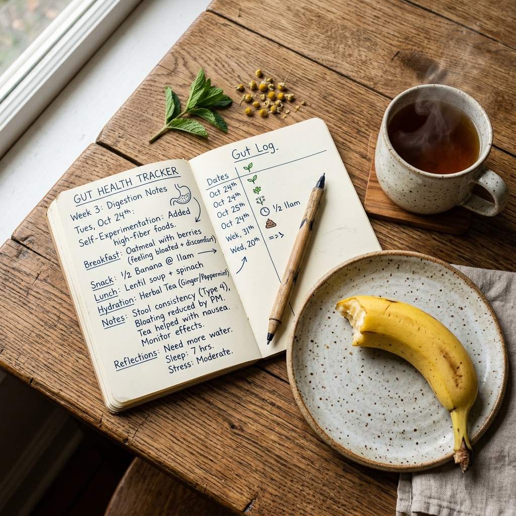 A physical food journal tracking digestion symptoms, sitting next to a half-eaten banana and herbal tea.