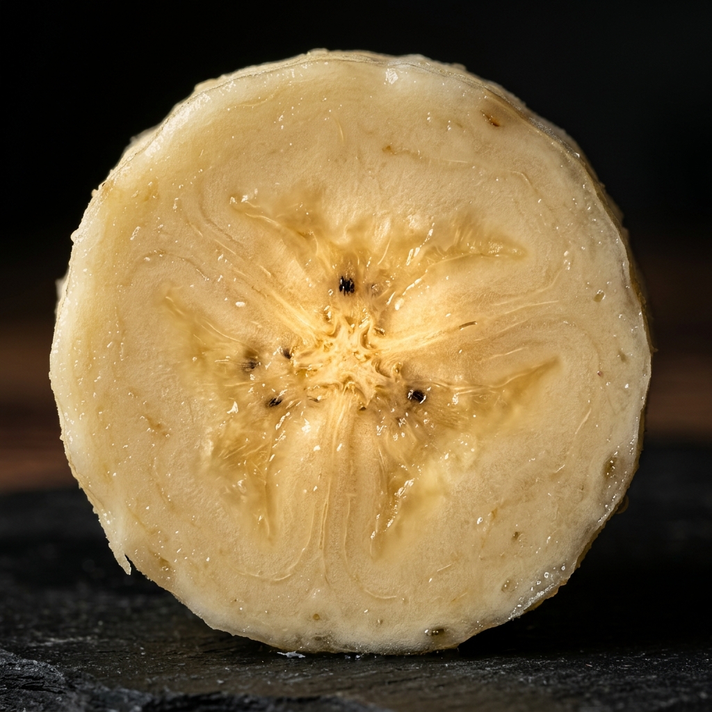 A macro cross-section of a sliced banana highlighting the smooth texture and natural sugar conversion.