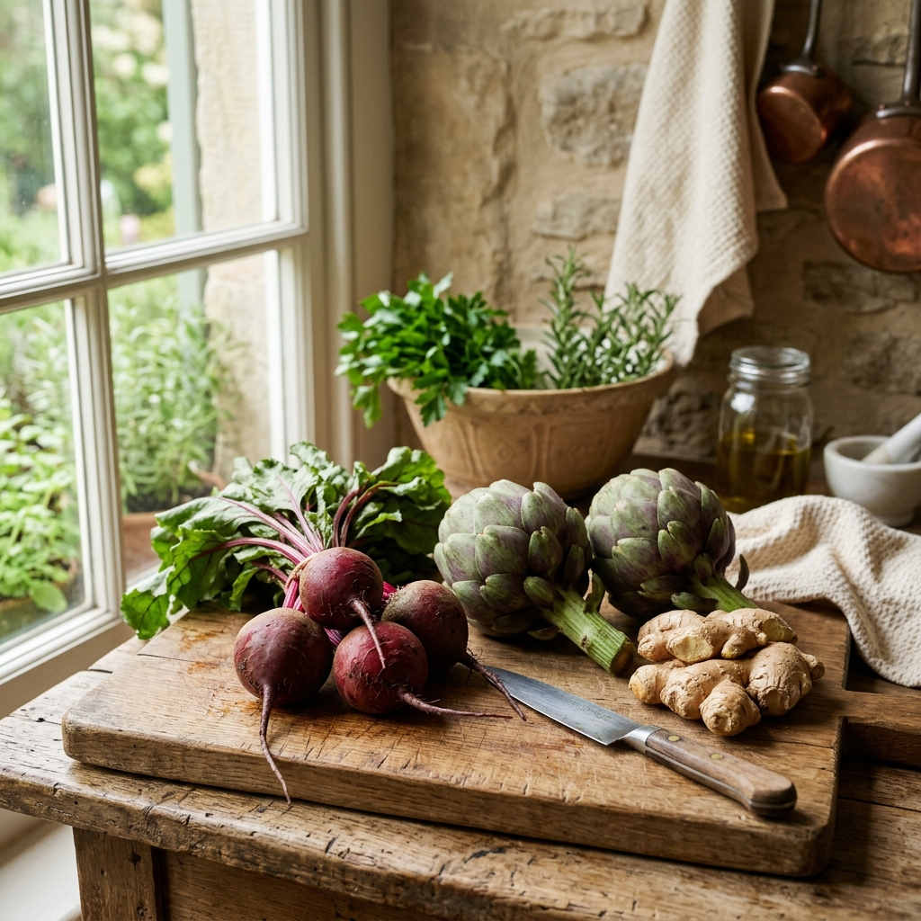 Fresh beetroot, whole artichokes, and ginger root on a wooden cutting board