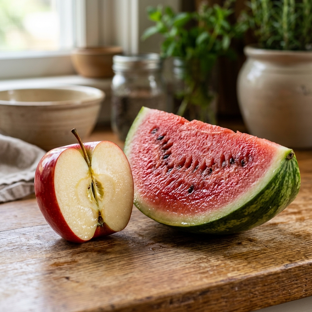 A crisp red apple cut in half next to a slice of red watermelon, representing high-fructose fruits that can cause bloating.
