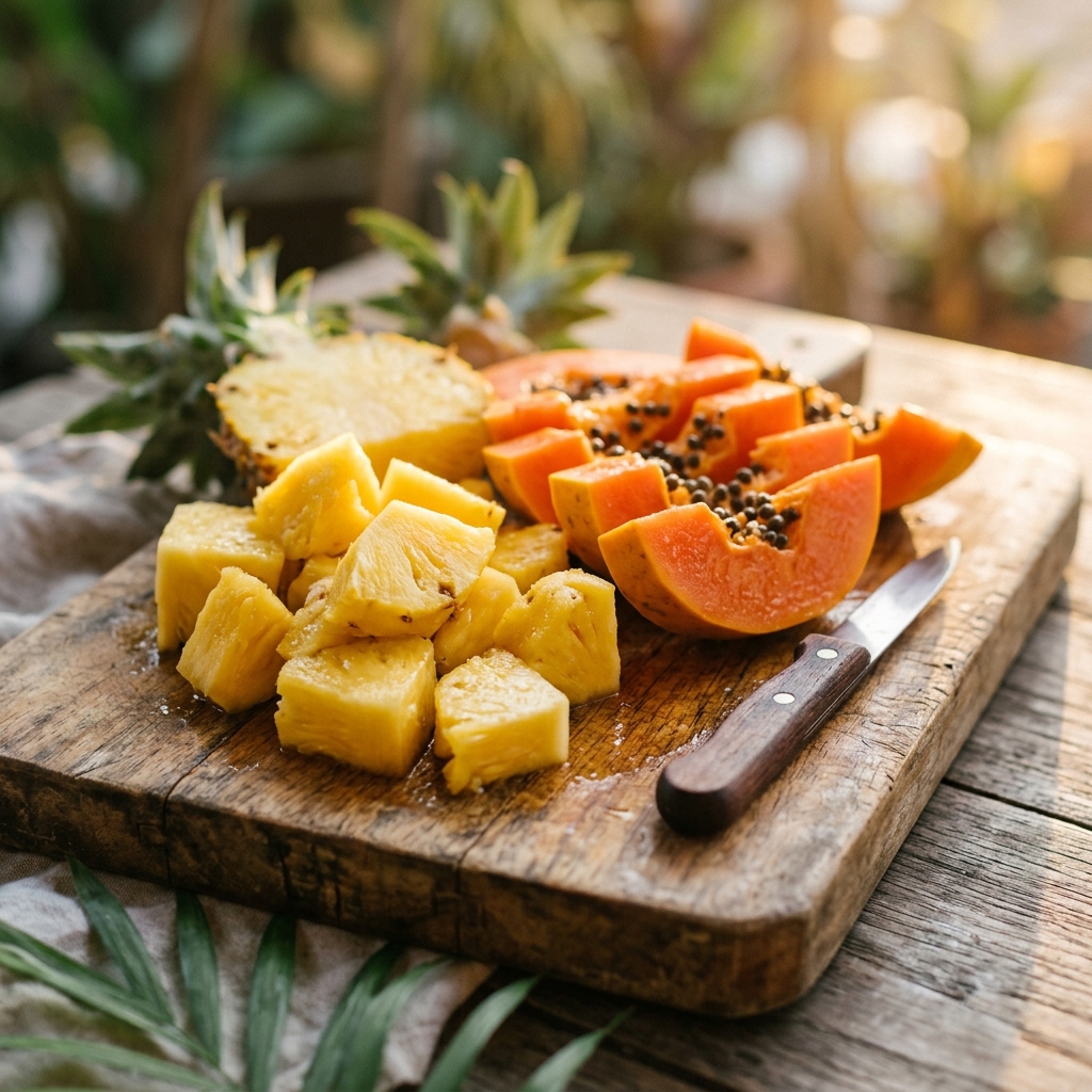 Freshly cut golden pineapple chunks and vibrant orange papaya slices on a rustic wooden board, representing digestive enzyme helpers.