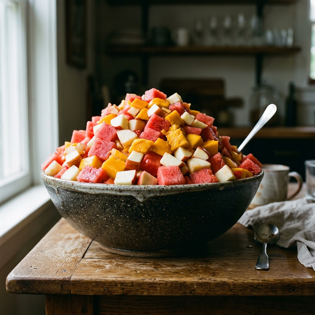 A massive, overflowing bowl of mixed fruit representing the healthy trap that causes bloating.