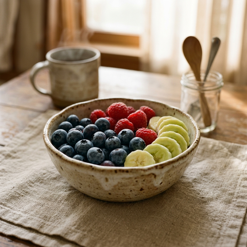A cozy, rustic bowl filled with fresh blueberries, raspberries, and slices of slightly green bananas, representing gentle low-FODMAP fiber.