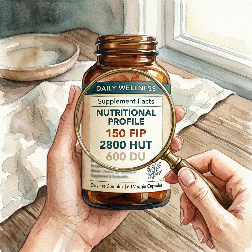 A hand holding a magnifying glass over a supplement bottle label with FIP HUT DU units highlighted