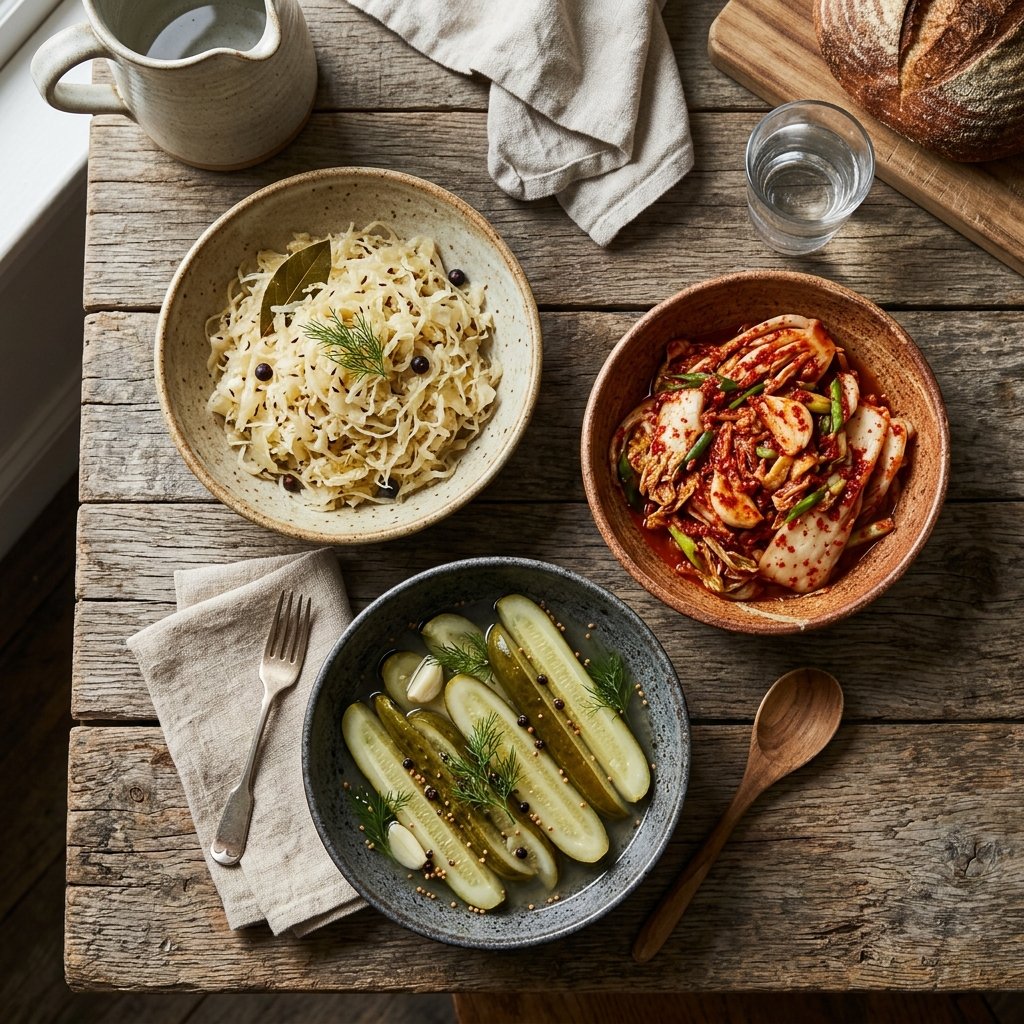 Rustic bowls of sauerkraut, kimchi, and kosher dill pickles