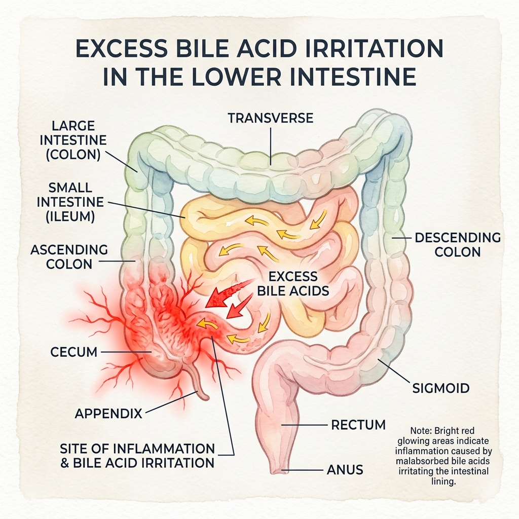 Medical illustration showing an inflamed lower intestine glowing with red warning signals