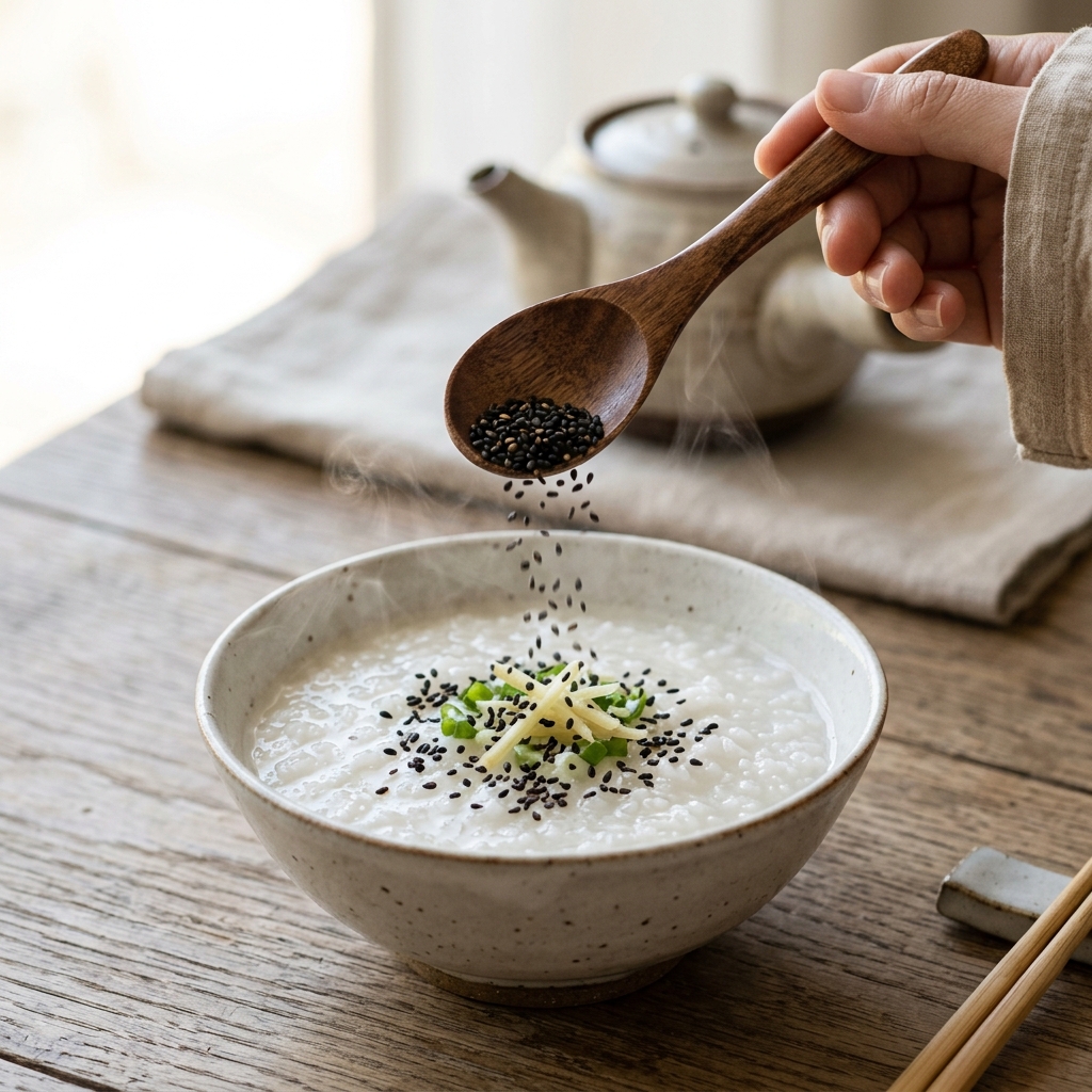 Toasted black sesame seeds sprinkled over a warm bowl of white rice porridge.