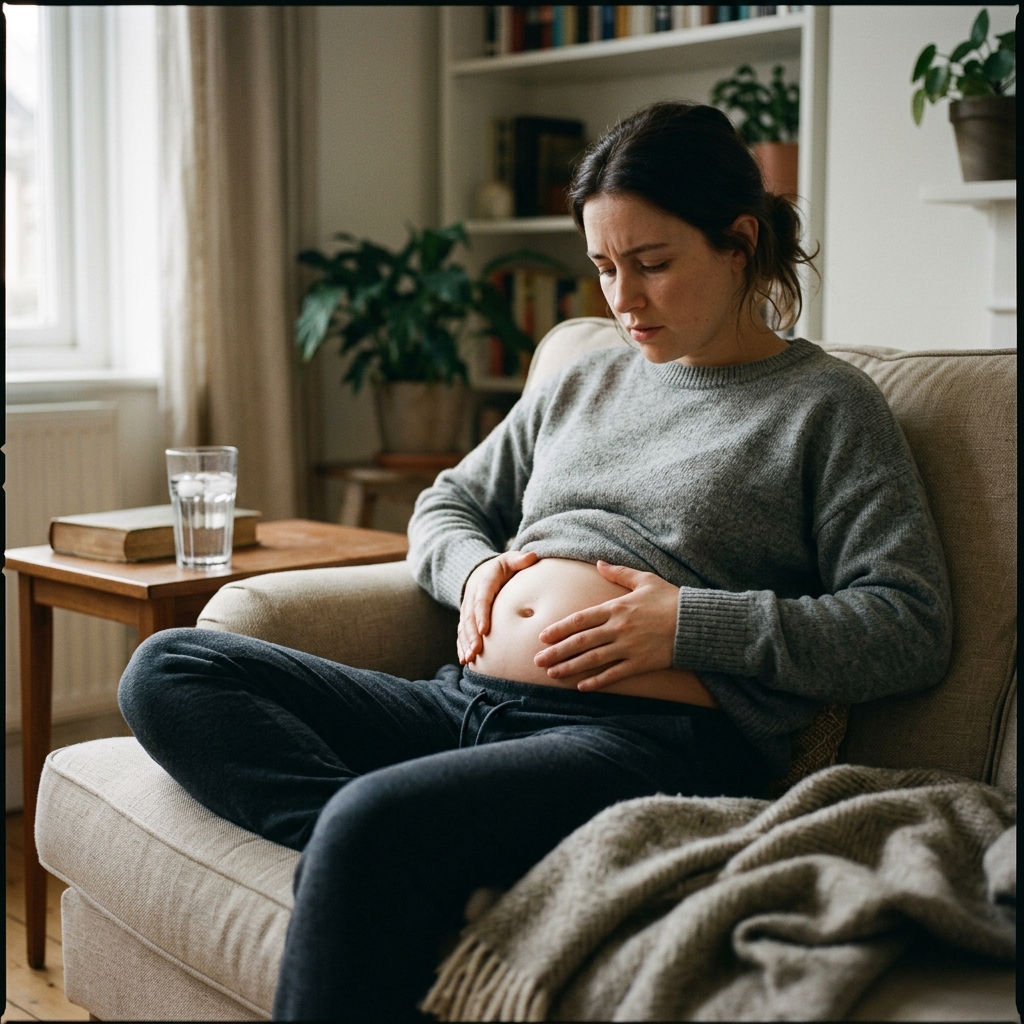 Woman experiencing painful bloating on a sofa with ice water nearby