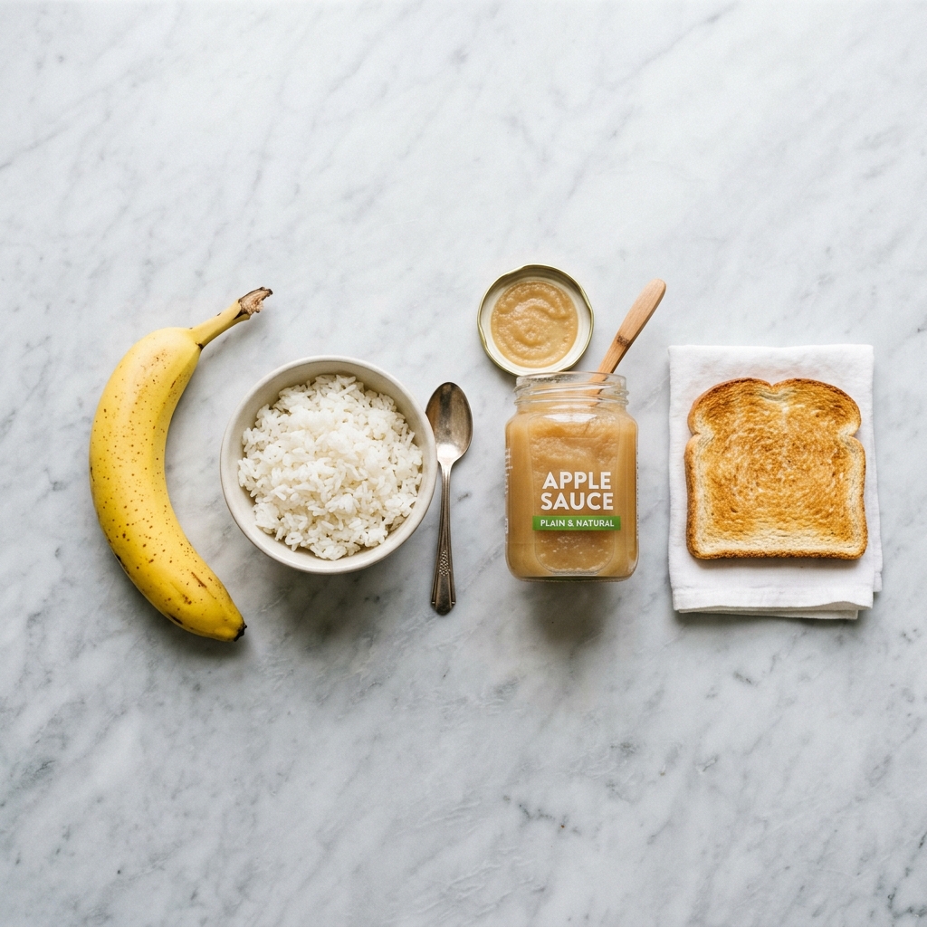 Minimalist layout of bananas, rice, applesauce, and toast to help bind loose stools.